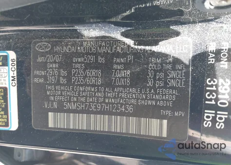 2007 Hyundai Santa Fe Limited/Se из США, поврежденный, VIN 5NMSH73E97H123436